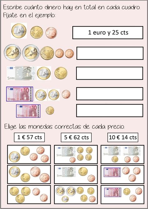 ejercicios fichas de monedas y billetes de euro para imprimir|Fichas de euros en PDF para actividades educativas